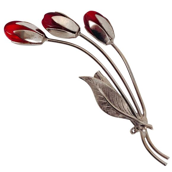 Vintage Jewelry - Vintage 1950s Mid Century Silver Tone Red Glass Floral Spray Flower Bud Brooch